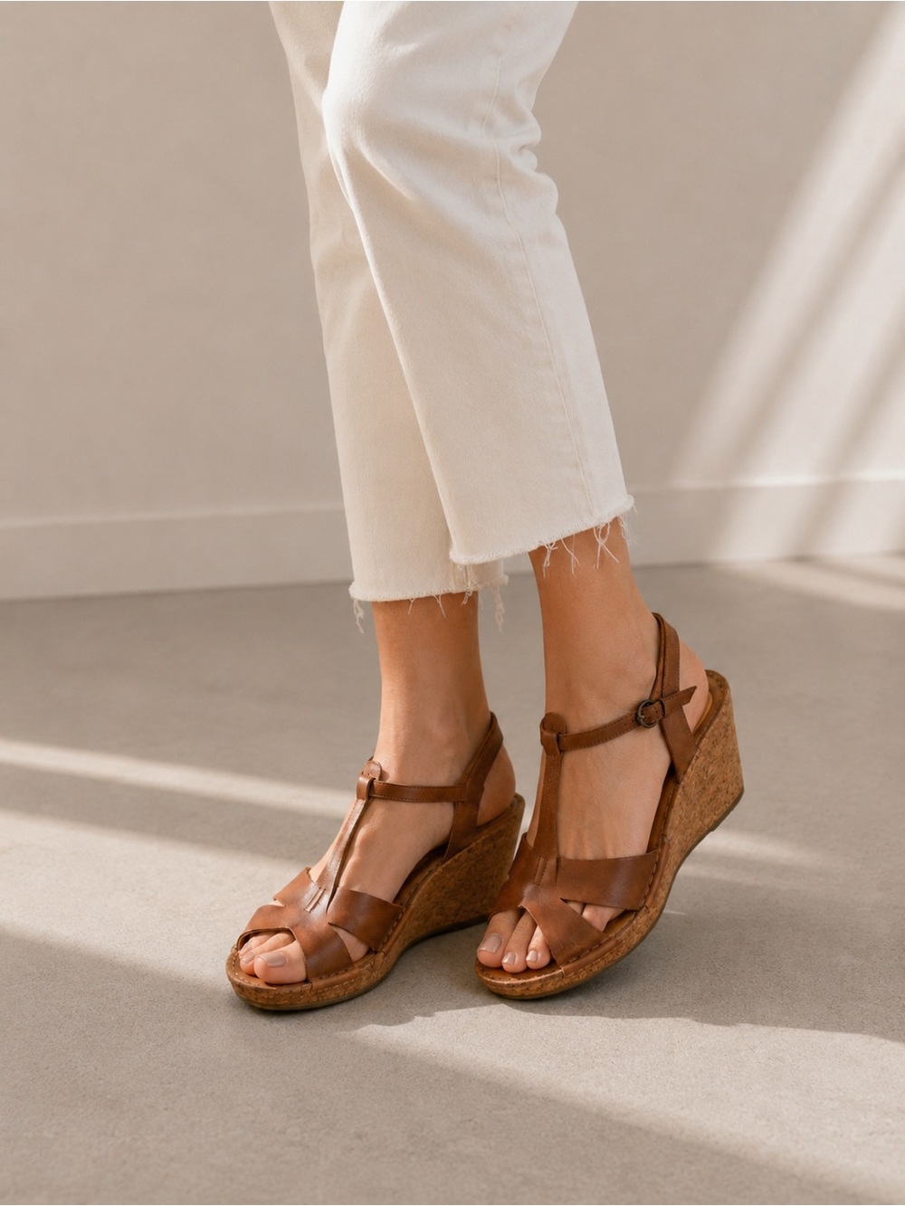 Clarks artisans sling back wedges heels sandals in maroon brown leather cork 9.5